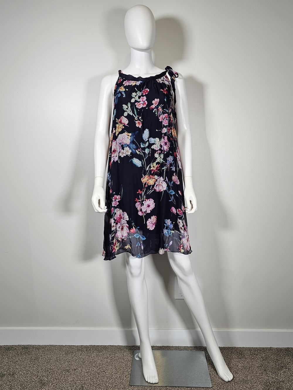 Bellambra Floral Tie-Shoulder Silk Blend Navy Mini Dress Sz S